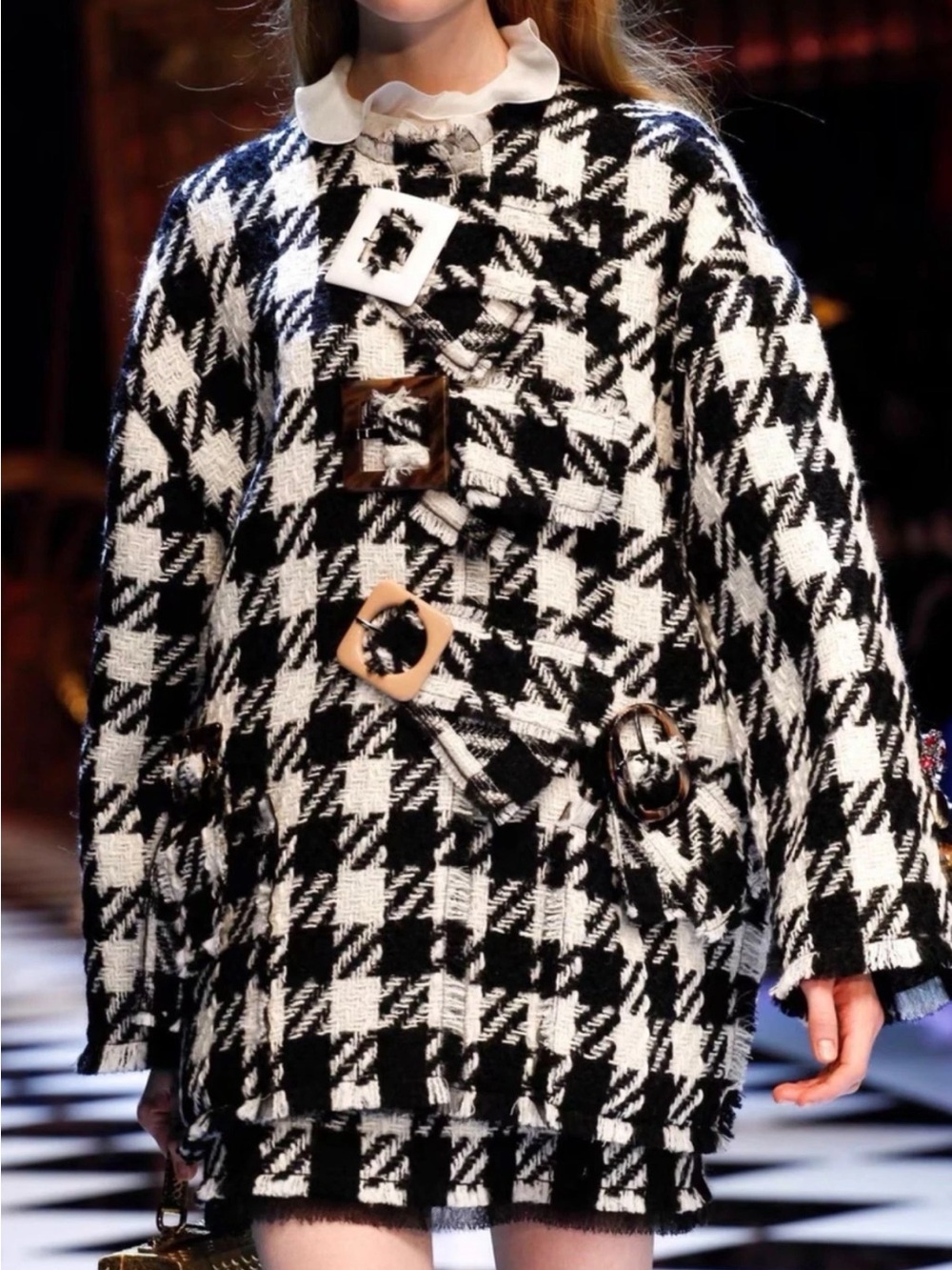 Dolce & Gabbana Black and White Houndstooth Tweed Trench Coat